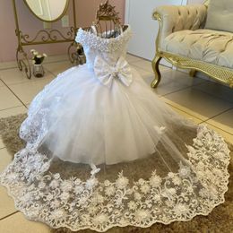 Lovely White Flower Girls Dresses For Weddings Off Shoulder Short Sleeves Crystal Beads Pearls Princess Kids Birthday Girl Pageant Gowns With Bow Sweep Train