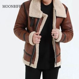 Men's Jackets Autumn Winter British Style Men Jackets Coat Streetwear Warm Teddy Bear Men Coat Turtleneck Faux Leather Zipper Outwear 231214