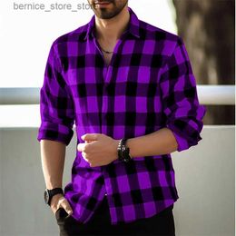 Men's Polos 2024 New Retro Men's Casual Shirt Purple Plaid Print Long Sleeve Shirt Men's Cardigan Shirt S-6XL Summer High Quality Shirt Q231215