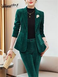 Women's Two Piece Pants Yitimuceng Slim Suit Set Women Fashion Office Ladies Long Sleeve Single Button Blazers Casual High Waist Split Flare Suits 231214