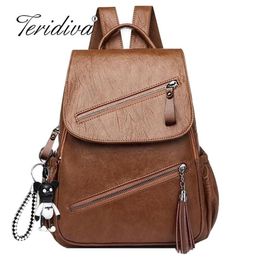 Vintage Tassels Backpack Women Retro PU Leather Rucksack Big Capacity School Bag For Teenager Girl Travel Bolsas Y201224210W