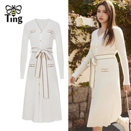 Casual Dresses Tingfly Women Winter Autumn Knitwear A Line Knee Length Dress With Sashes Lady Single Breasted V-neck Streetwear