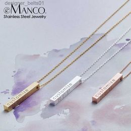 Pendant Necklaces eManco Four Sides Engraving Personalised Square Bar Custom Name Necklace Stainless Steel Pendant Necklace Women/Men GiftL231215