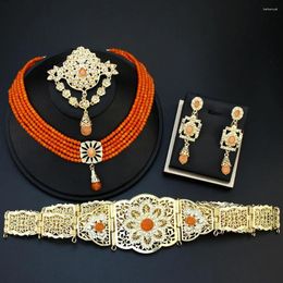 Necklace Earrings Set Sunspicems Gold Color Morocco Bride Wedding For Women Arabic Dress Caftan Waist Belt Choker Brooch Earring