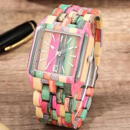 Wristwatches Colorful Square Full Wood Watch Quartz Men Women Watches Minimalist Dial With Calendar Retro Wooden Gifts For Dad Gra222B