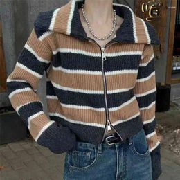 Women's Knits 2023 Color Block Striped Lapel Zipper Cardigan Short Cashmere Knitted Jacket For Women