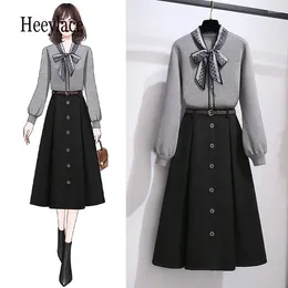 Work Dresses Women Korean Long Skirts Sets Office Ladies Elegant Bow Collar Sleeve Knitted Sweater And Pleated Two Piece Set 2023