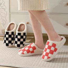 Slippers Winter Chessboard Couple Cotton Women Home Colour Block Fashion Slides Men Comfortable Warm Flat Shoes