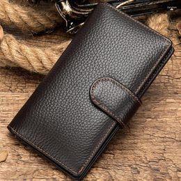 Wallets Genuine Leather Men's Long Wallet Cow Simple Design Hasp Trifold Male Clutch Business Purse Phone Pocket Black