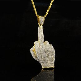 Fashion Mens Iced Out Pendant Hip Hop Necklace Erect Middle Finger Bling Necklaces Hiphop Jewelry312Q