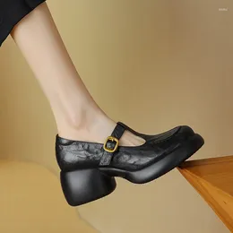 Dress Shoes Spring/Autumn Women Pumps Genuine Leather For Round Toe Mary Janes Chunky Heel Buckle Platform