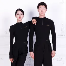 Stage Wear 2023 Latin Dance Practice Clothes For Women Unisex High Neck Long Sleeved Shirts Men Chacha Rumba Tango DN16922