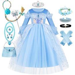 Girls Dresses Girl dress long sleeved princess roleplaying costume blue sequin childrens Bithday surprise childrens ball dress 231214