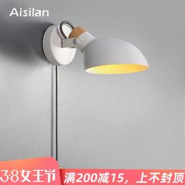 LED Wall Lamps with Pull Switch European Style Macarons Minimalist Living Room Bedroom Reading Bedside Light Solid Wood Rotating S244S