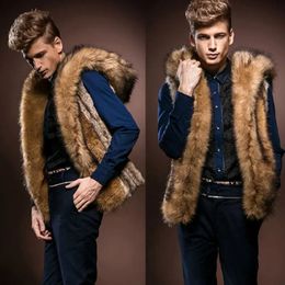 Men's Fur Faux Fur Men Faux Fox Fur Coat Slim Fitting Hooded Vest Plush Chic Winter High Quality Imitation Furry Sleeveless Warm Mink T-shirt Tank 231214