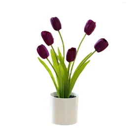 Decorative Flowers Artificial Potted SilkTulips 6 Head Small White Vase Arrangement 1 Pc