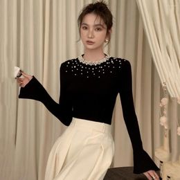 Women's Sweaters French Elegant Pearl O-neck Women Pullovers 2024 Autumn Winter Stretch Slim Female Flare Sleeve Knitted Tops Jumpers