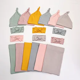 Blankets 3 Pcs Baby Receiving Blanket Headband Hat Set Born Swaddle Wrap Hairband Cap Kit For Toddler Infant Sleeping Bag Headwear