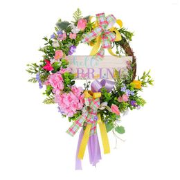 Decorative Flowers Spring Withered Branch Wooden Plaque Wreath Colorful Ribbons Bows Green Grass Flower Wreaths Shopping Mall Window Home