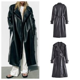 Women's Jackets PB ZA2023 Versatile Mid Length Lapel Style Trendy and Retro Hong Kong Faux Leather Trench Coat 231215