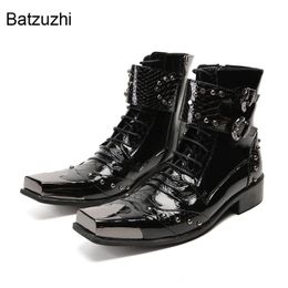 Batzuzhi Fashion Men Boots Luxury Black Leather Ankle Boots Square Toe Metal Tip Business Leather Boots Bota Masculina, Big Size 46