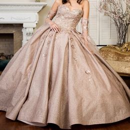 Rose Gold Shiny Ball Gown Quinceanera Dress 2024 Tulle Appliques Lace Beads Off Shoulder Sweet 15 16 Years Birthday Party Formal