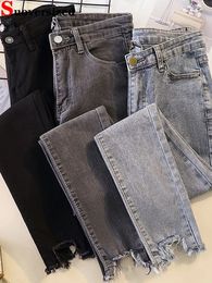 Women s Jeans Vintage High Waist Large Size 80kg Ankle Length Korean Fashion Skinny Pencil Denim Pants Strecth Ripped Vaqueros Trousers 231215