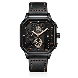 Cool Black NEKTOM Brand Hollow Out Mens Watches Accurate Quartz Watch Leather Strap Luminous Square Dial Wristwatches273l
