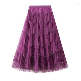 Skirts TIGENA Fashion Beading Tiered Maxi Tutu Tulle Skirt For Women Korean High Street A Line Waist Long Mesh Female