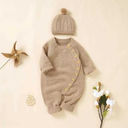 Rompers Baby Girls Rompers Clothes Autumn Solid Long Sleeve Knitted Newborn Infant Boys Onesie Hats Outfits Toddler Children Jumpsuits