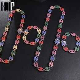 HIP HOP 1kit Bling Multicolor Coffee Bean Iced Out CZ Pig Nose Rhinestone Charm Link Chain Necklaces & Bracelet for Men Jewelry224o