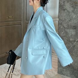 Women's Leather Faux Lautaro Spring Autumn Blue Oversized Soft Blazer Jacket Women with Back Slit Long Sleeve Luxury Designer Outerwear 231214