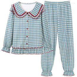 Women's Sleepwear Est M-4XL Women Knited Cotton Pyjamas Set Plaid Print Pijamas Long Sleeve 2 Piece Drop