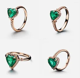 Cluster Rings S925 Sterling Silver Nature-Inspired Precise Design Emerald Heart Ring With Side Diamonds
