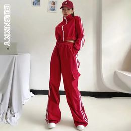 Womens Two Piece Pants 2piece womens striped track suit wide leg pants set Harajuku fashion casual loose red jogger sports cut jacket South Korea 231214