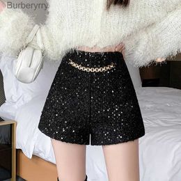 Women's Shorts Luxury Shiny Sequined Tweed Shorts Women 2023 New Autumn Winter Korean Clothes Woollen Short Femme Ladies Chains Hot Short PantsL231215