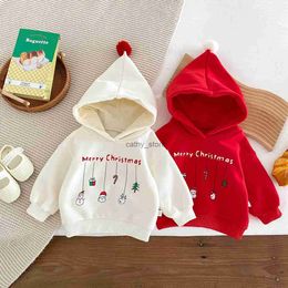 Rompers Baby Christmas Sweater Thickened Plush Hooded Pullover Top Autumn Winter Clothing Beige Red Colour Warm Bottom Kids ClothesL231114