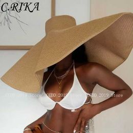 Wide Brim Hats Bucket Hats Summer 70cm wide brown womens sun hat oversized beach hat foldable travel straw hat womens UV protection sun hat J240506