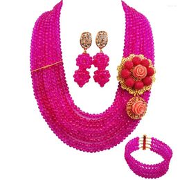 Necklace Earrings Set Fuchsia Pink Fashion Costume Jewellery 8 Rows Strand African Beads Crystal