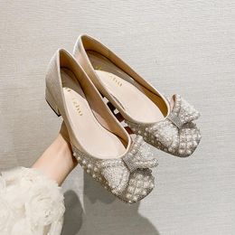 Dress Shoes Plus Size Women Beautiful Pumps Spring Summer Pearl Bowknot Casual High Heels Ladies Chunky Wedding