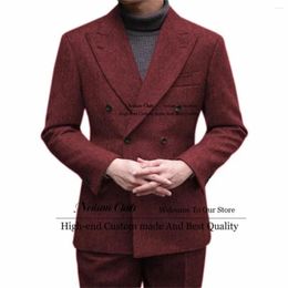 Men's Suits Red Male Prom Blazers Peaked Lapel Groom Wedding Tuxedos 2 Pcs Sets Herringbone Men Slim Fit Double Breasted Costume Homme