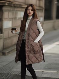 Women's Vests 2024 Long Hooded V-Neck Cotton Vest Jacket Women Winter With Belt Warm Loose Waistcoat Spring Female Padded Hood Down