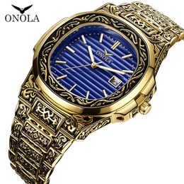 Classic designer vintage watch men 2019 ONOLA top brand luxuri gold copper wristwatch fashion formal waterproof quartz unique mens2306