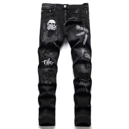 Men's Jeans Spring Autumn 2023 Ripped Black Fashion Skull Embroidery Slim Stretch Pants Nightclub Motorcycle Trend Clothing 231214
