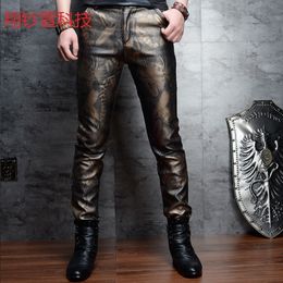 Floral Printed PU Skinny Leather Pants Men Korean Fashion Slim Nightclub Men Leather Pants Casual Mens Faux Leather Trousers 201125