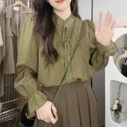 Women's Blouses Elegant Ruffled Neck Lace Up Flare Sleeve Shirts Women Clothing 2023 Autumn Winter Loose All-match Tops Office Lady