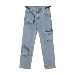 Men's Jeans Cargo Pants Man Denim Pockets Spliced Washed Loose Casual Straight Full Length Solid Colour