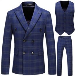 Men's Suits Blazers Men's Stripe Suit High Quality Gentleman Double Breasted Blazer 3 Pcs Set Slim Fit Wedding Male Blazer Jacket Coat Pants Vest 231214