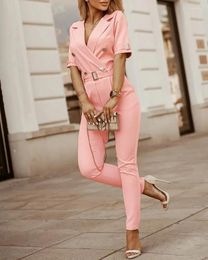 Women's Two Piece Pants 2023 Autumn Women's 2-piece Set Elegant Pink Suit Sexy Deep V Top Trousers Solid Colour