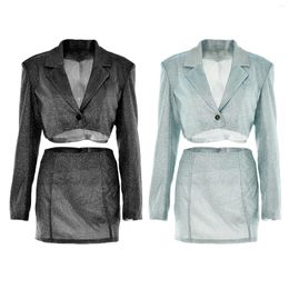 Work Dresses Women Spring 2 Pieces Outfits Glitter Lapel Long Sleeve Shoulder Padded One Button Short Blazer Tops Wrapped Hip Mini Skirts